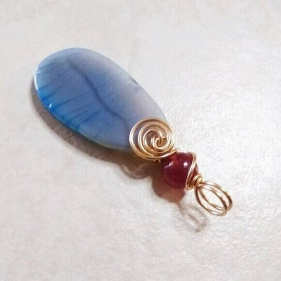 Sky Blue & Berry Red Agate Pendant - Wire Wrapped! Upbeat & Positive Vibes! - Picture 7 of 9